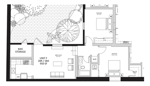 Floor plan for 2 beds, 1 bath, 950 sqft